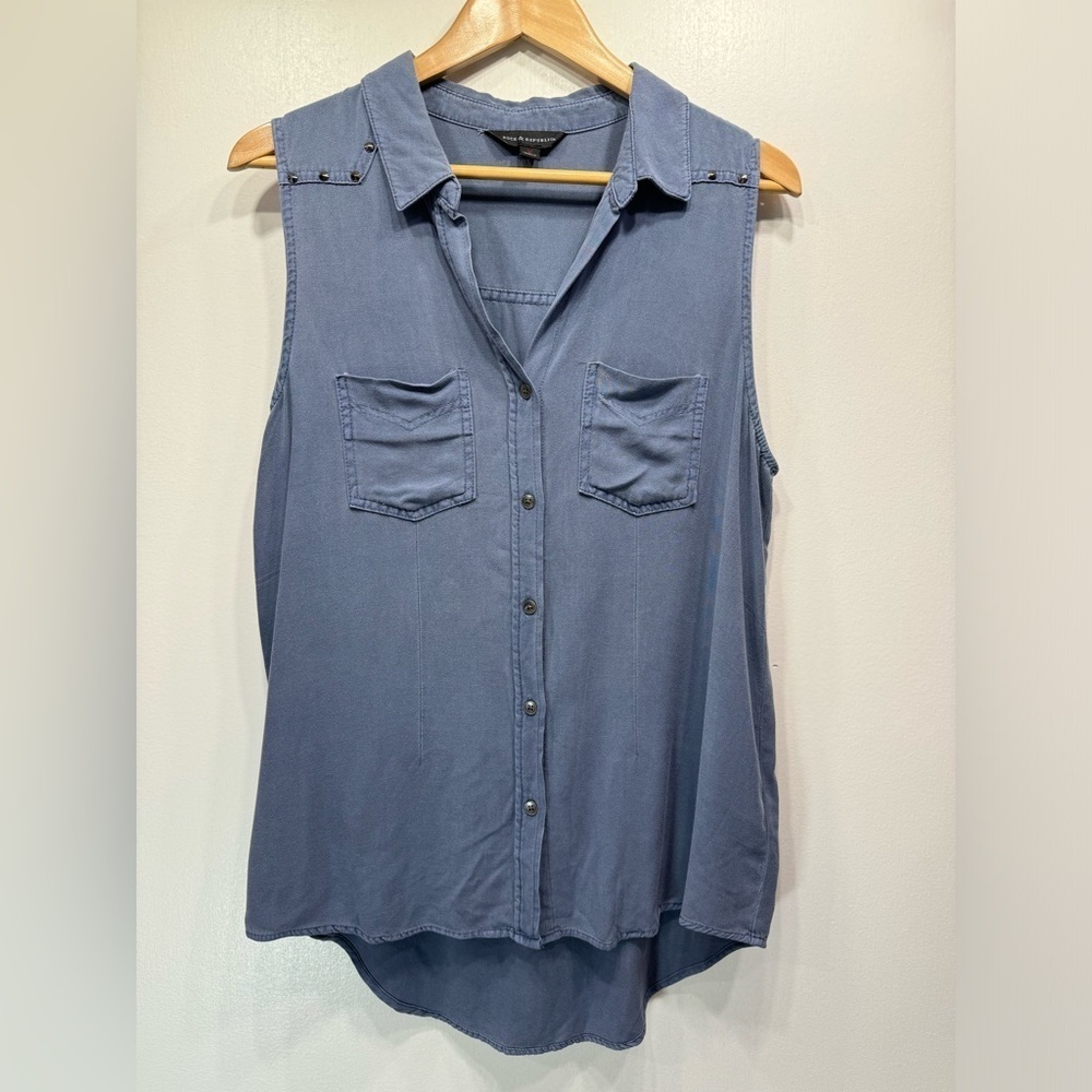 Rock & Republic Slate Blue Western Shirt Sleeveless Studded Coastal Cowgirl Med